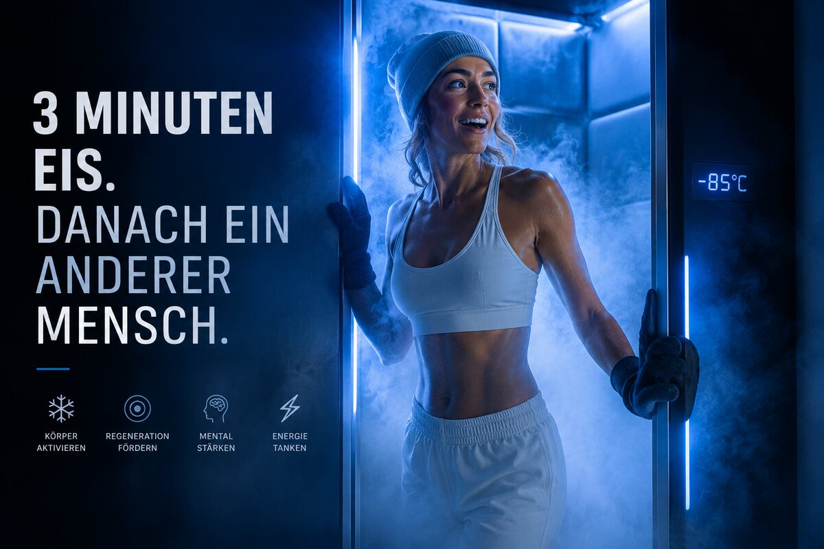 Frau in -85°C Kältekammer der Cryoletics Mallorca — 3 Minuten Cryotherapie für Recovery und mentale Stärke
